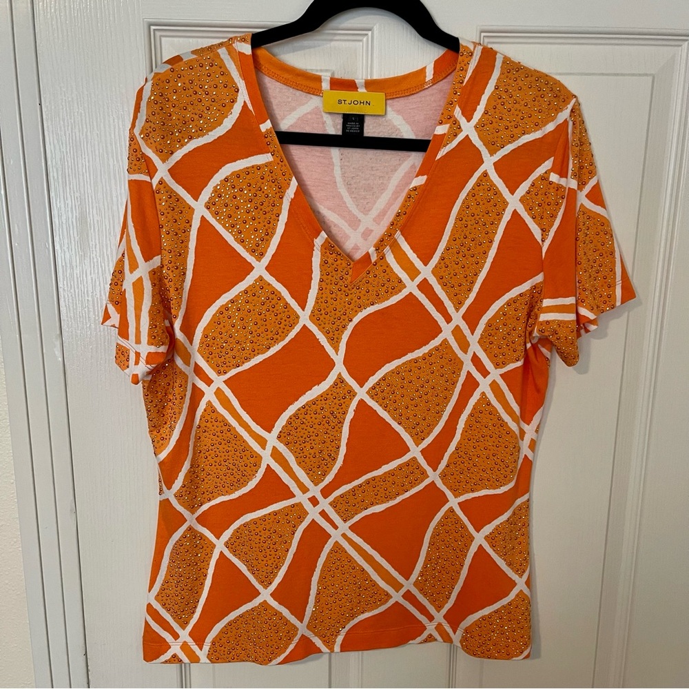 St. John Knits Orange and white embellished knit blouse size L